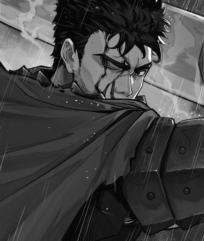 1boy absurdres armor berserk berserker_armor black_hair blood blood_on_face cape commentary_request greyscale guts_(berserk) highres looking_at_viewer male_focus monochrome nitouchesiji scar scar_on_face scar_on_nose short_hair solo upper_body