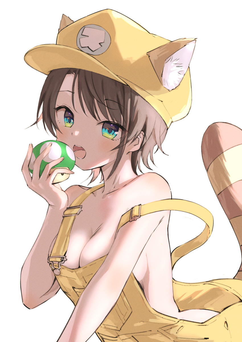 1-up_mushroom absurdres animal_ear_fluff animal_ears aqua_eyes bare_shoulders breasts brown_hair cleavage ears_through_headwear female food harutari hat highres holding holding_food hololive kemonomimi_mode looking_at_viewer mario_(series) naked_overalls oozora_subaru open_mouth overalls photoshop_(medium) raccoon_ears raccoon_girl raccoon_tail short_hair simple_background solo strap_slip swept_bangs tail upper_body white_background yellow_hat yellow_overalls