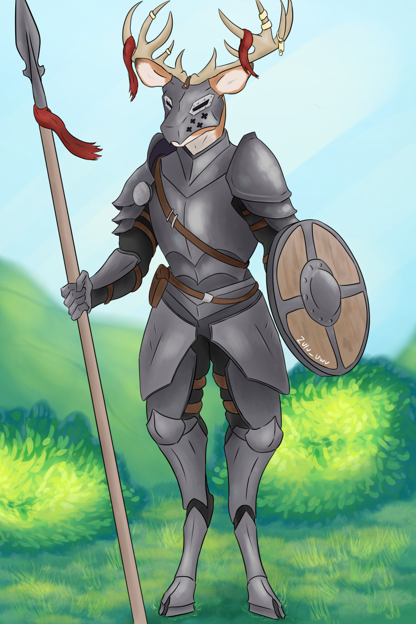 absurd_res anthro antler_accessory antler_jewelry antlers armor clothing deer detailed_background grass hi_res holding_melee_weapon holding_object holding_weapon hooves horn knight male mammal melee_weapon outside plant polearm shield shrub solo spear unguligrade warrior weapon zulu_uwu