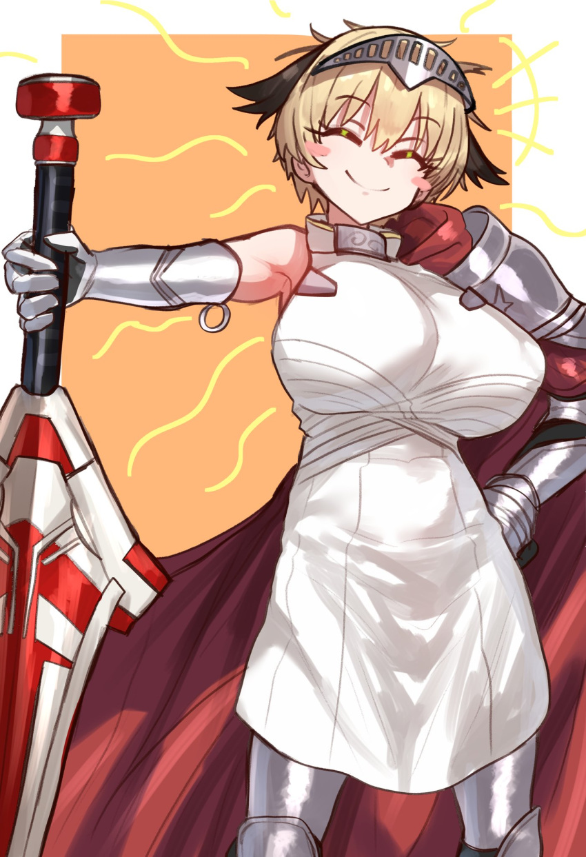 armor blonde_hair blush blush_stickers breasts cape closed_eyes closed_mouth dress ebora female gareth_(fate) gareth_(swimsuit_saber)_(fate) gareth_(swimsuit_saber)_(third_ascension)_(fate) gauntlets greaves headpiece highres large_breasts looking_at_viewer pauldrons red_cape short_hair shoulder_armor smile solo sword weapon white_dress