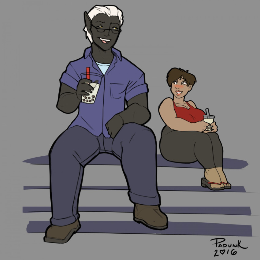 2016 arm_on_leg beverage big_breasts black_body black_skin blush bottomwear breasts brown_hair clothing draccy drinking_straw drow duo elf eyewear female footwear glasses hair hi_res holding_beverage holding_object human humanoid_pointy_ears lips looking_up_at_partner male male/female mammal padunk padunk_(padunk) pants sandals shirt shirt_collar shirt_pocket shoes signature simple_background sitting size_difference topwear undershirt white_hair yellow_eyes