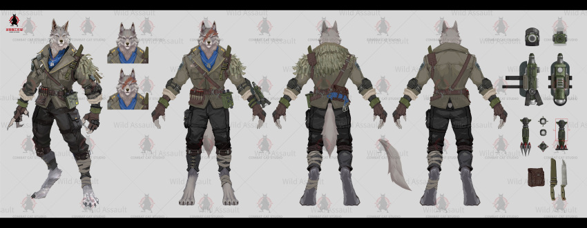 absurd_res anthro black_bottomwear black_clothing black_pants bottomwear canid canine canis clothing fur grey_body grey_fur gun hi_res jack_(wild_assault) jacket knife male mammal military model_sheet multicolored_body multicolored_fur official_art pants ranged_weapon soldier solo topwear unknown_artist warrior weapon white_body white_fur wild_assault wolf yellow_eyes