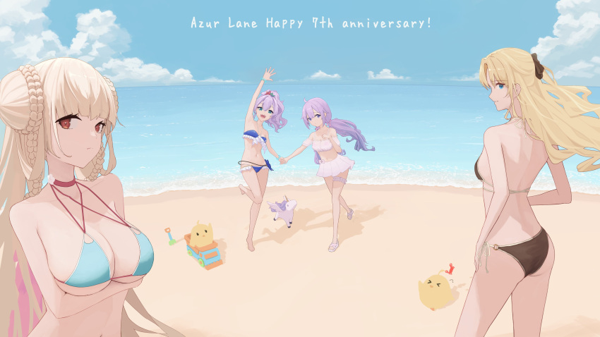 >_< 4girls absurdres alternate_costume aqua_bikini arm_up arms_under_breasts ass azur_lane beach bikini black_bikini blonde_hair blue_bikini blue_eyes blue_sky braid braided_bun breasts choker cleavage cloud commentary_request copyright_name criss-cross_halter day double_bun english_text formidable_(azur_lane) formidable_(the_lady_of_the_beach)_(azur_lane) frilled_bikini frills from_behind hair_between_eyes hair_bun hair_ornament halterneck highres holding_hands javelin_(azur_lane) javelin_(beach_picnic!)_(azur_lane) long_hair looking_at_viewer looking_back manjuu_(azur_lane) midriff multi-strapped_bikini_top multiple_girls o-ring o-ring_bikini ocean official_alternate_costume outdoors pink_choker purple_hair red_eyes sand skirt sky small_breasts summer swimsuit twintails unicorn_(azur_lane) upper_body vanguard_(azur_lane) very_long_hair water white_skirt yanagi_(yuki87g)