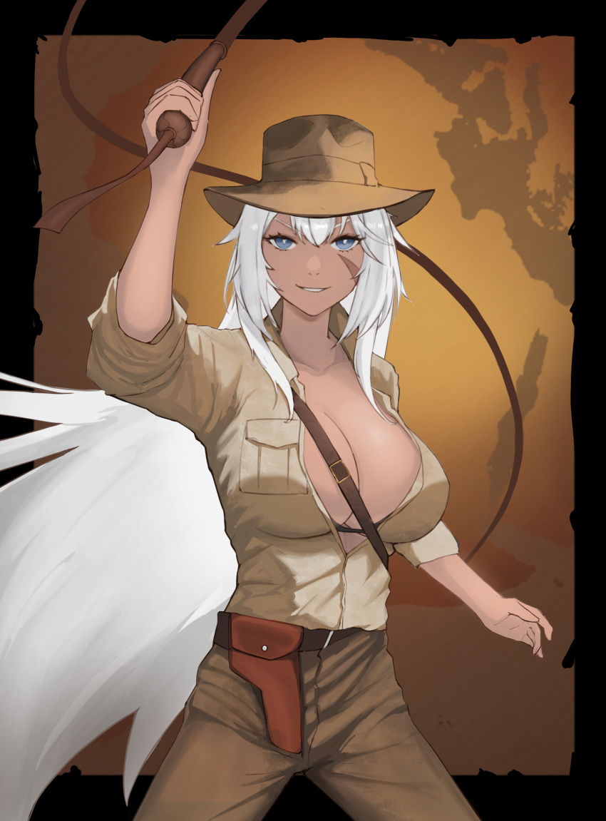 absurdres azur_lane blue_eyes breast_pocket breasts brown_hat brown_pants brown_shirt cleavage collared_shirt cosplay cowboy_shot dark-skinned_female dark_skin female hat highres holding holding_whip holster huge_breasts indiana_(azur_lane) indiana_jones indiana_jones_(cosplay) indiana_jones_(series) long_hair looking_at_viewer pants pocket scar scar_on_face shirt solo strumpionners442 very_long_hair white_hair