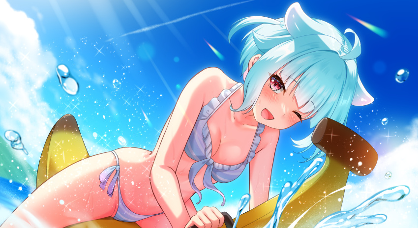 ;d ahoge akine_(kuroyuri) aqua_hair banana_boat bare_shoulders bikini blue_sky blush breasts cleavage collarbone day female frilled_bikini frills hair_flaps highres light_rays looking_at_viewer medium_breasts one_eye_closed one_side_up open_mouth original outdoors purple_bikini red_eyes short_hair sitting sky smile solo sparkle spread_legs striped_bikini striped_clothes sunbeam sunlight swimsuit water