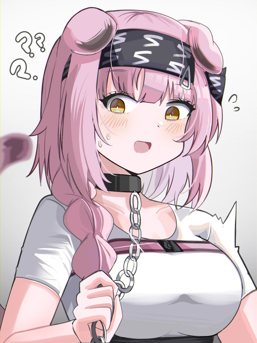 ? ?? absurdres animal_ears arknights black_hairband blush braid bright_pupils chains collarbone confused eyes_visible_through_hair female glint goldenglow_(arknights) grey_background hair_ornament hairband hairclip highres leash long_hair looking_at_viewer open_mouth pink_hair pink_tail scoop_neck shirt short_sleeves solo spam_(spamham4506) sweatdrop t-shirt tail twitching upper_body white_pupils white_shirt yellow_eyes