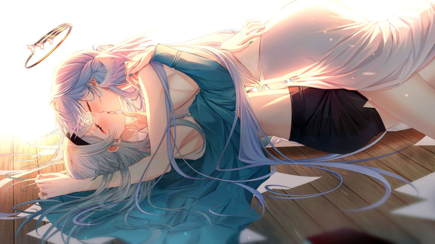 2girls backlighting black_skirt blue_hair blue_nails blue_shirt closed_eyes commentary cowgirl_position dress english_commentary firefly_(honkai:_star_rail) french_kiss grey_hair halo hand_on_another's_face hand_on_another's_shoulder hand_on_another's_waist hand_under_dress head_wings highres honkai:_star_rail honkai_(series) kissing leg_between_thighs long_hair midriff multiple_girls on_floor robin_(honkai:_star_rail) saliva shirt sieka_(piiroinardesco) skirt sleeveless sleeveless_dress tongue tongue_out white_dress wings wooden_floor yuri