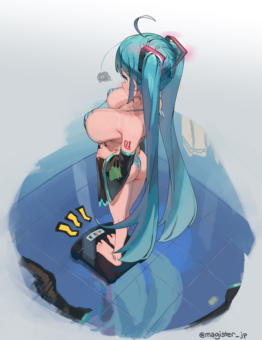 alternate_breast_size aqua_eyes aqua_hair ass breasts commentary detached_sleeves female hatsune_miku highres large_breasts long_hair magister number_tattoo panties solo striped_clothes striped_panties tattoo twintails underwear very_long_hair vocaloid weighing_scale weight_conscious