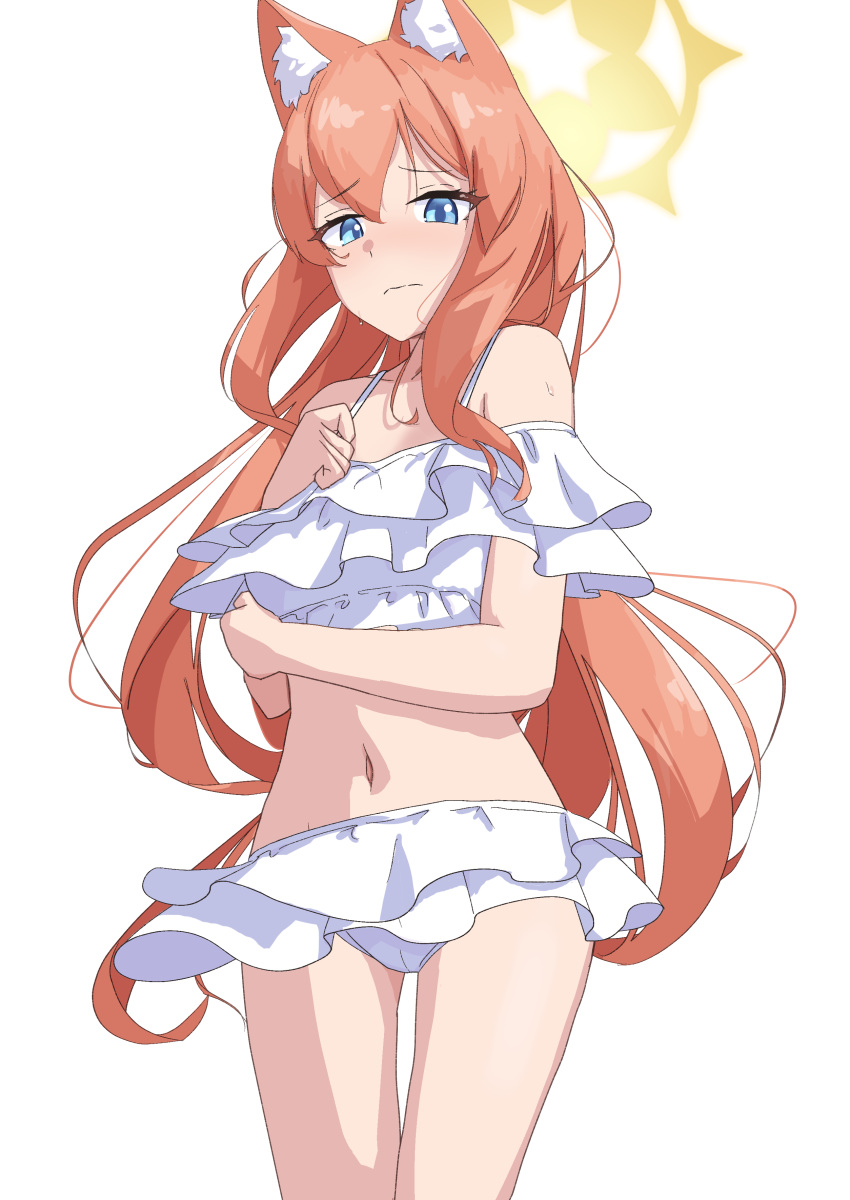 absurdres animal_ears bikini blue_archive blue_eyes blush breasts cosmos_(rea1ityc0sm0s) embarrassed female fox_ears frilled_bikini frills halo highres looking_at_viewer mari_(blue_archive) medium_breasts midriff navel orange_hair solo swimsuit white_background white_bikini