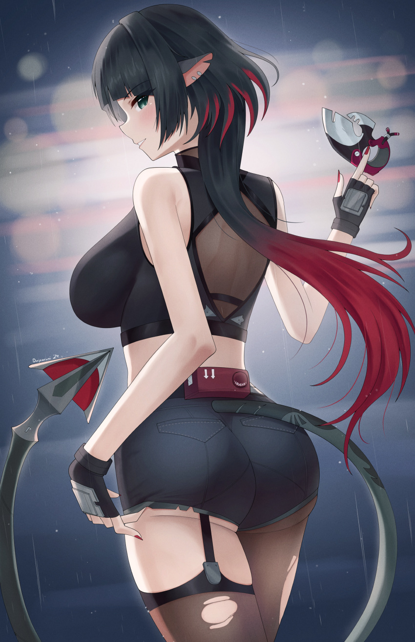 ass bare_arms bare_shoulders black_gloves black_hair black_shirt black_shorts commentary crop_top doiparuni female fingerless_gloves gloves gradient_hair grey_pantyhose grey_thighhighs grin highres jane_doe_(zenless_zone_zero) long_hair looking_at_viewer midriff multicolored_hair nail_polish pantyhose profile red_hair red_nails shirt short_shorts shorts single_leg_pantyhose single_thighhigh sleeveless sleeveless_shirt smile solo standing tail thighhighs thighs torn_clothes torn_pantyhose torn_thighhighs underbutt very_long_hair zenless_zone_zero