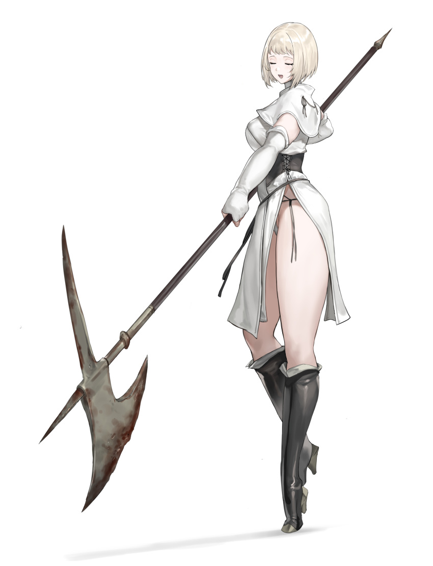 :d absurdres axe blonde_hair boots breasts capelet closed_eyes corset elbow_gloves female fingerless_gloves gloves halberd high_heel_boots high_heels highres holding holding_axe holding_polearm holding_weapon km_yama knee_boots medium_breasts original pelvic_curtain polearm short_hair smile solo tiptoes weapon white_background white_gloves