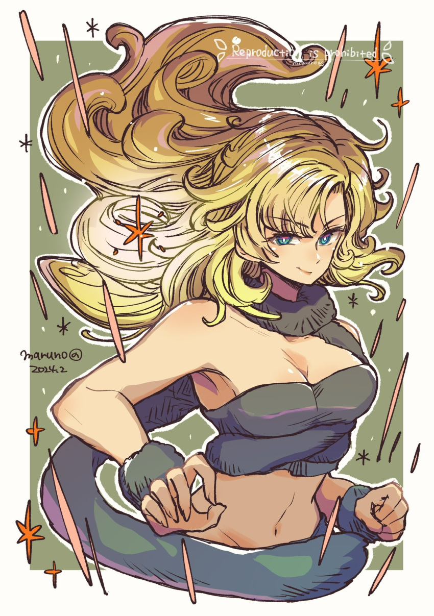 ayla_(chrono_trigger) bare_shoulders blonde_hair blue_eyes border breasts cavewoman chrono_trigger cleavage clenched_hand closed_mouth crop_top cropped_torso curly_hair female floating_hair fur_scarf fur_shirt fur_wrist_cuffs green_background grey_fur highres long_hair looking_at_viewer maruno medium_breasts midriff navel parted_bangs smile solo strapless tube_top twitter_username white_border