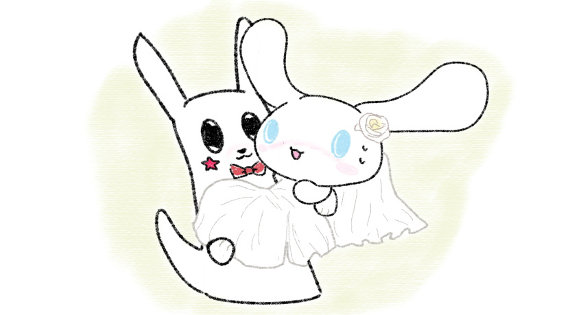 :3 anthro blue_eyes blush bodily_fluids bow_(feature) bow_tie bride cinnamon_(cinnamoroll) cinnamoroll clothed clothing crossdressing duo embarrassed female flower fur gastropod hi_res long_ears male male/female mammal mollusk plant rain_world rose_(flower) sanrio simple_background slug survivor_(rain_world) sweat videocult wedding white_background white_body white_fur wilnor