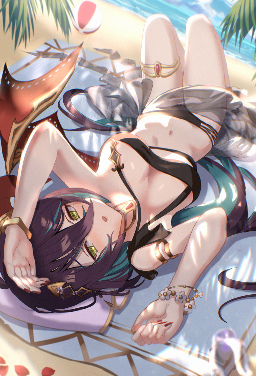 bikini black_bikini blue_hair bracelet breasts colored_inner_hair dark_blue_hair demon_wings female flower_bracelet gradient-tinted_eyewear highres horn_ornament horn_ring horns jewelry long_bangs medium_breasts multicolor-tinted_eyewear multicolored_hair navel official_alternate_costume okg princess_connect! ranpha_(princess_connect!) ranpha_(summer)_(princess_connect!) red_horns red_wings sarong single_horn single_wing solo swimsuit tinted_eyewear wings