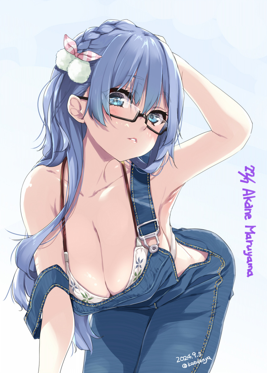 22/7 black-framed_eyewear blue_eyes blue_hair bow braid female glasses hair_ornament highres kisairo_kaede light_blue_hair long_hair looking_at_viewer maruyama_akane rectangular_eyewear semi-rimless_eyewear single_braid solo under-rim_eyewear