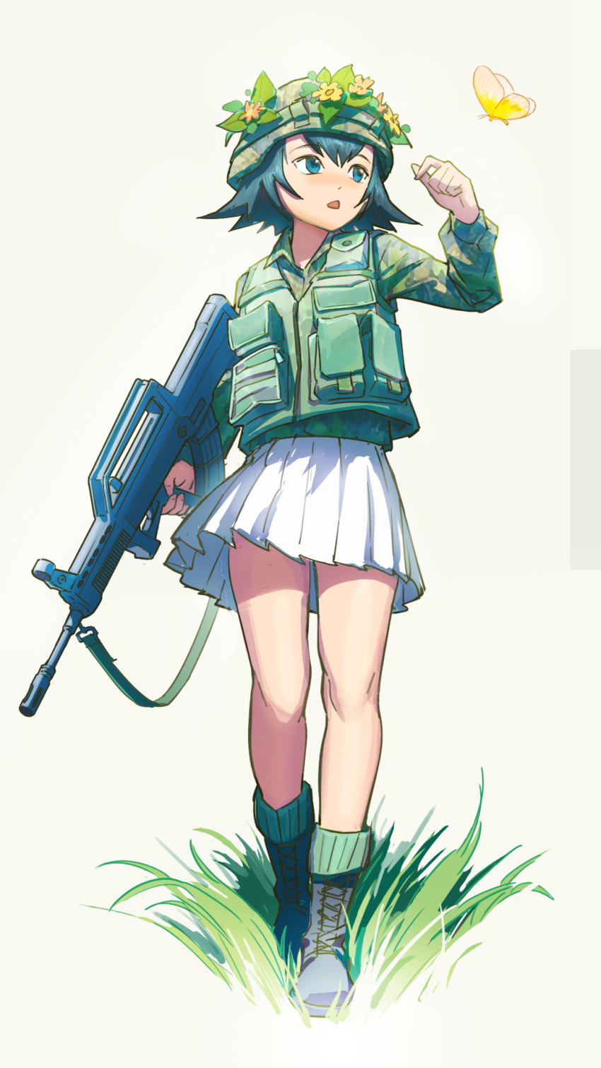 :o black_hair blue_eyes bug butterfly day female flipped_hair fu_che262 grass green_helmet gun hand_up head_wreath helmet highres holding holding_gun holding_weapon military original outdoors pocket short_hair skirt vest weapon white_background white_skirt yellow_butterfly