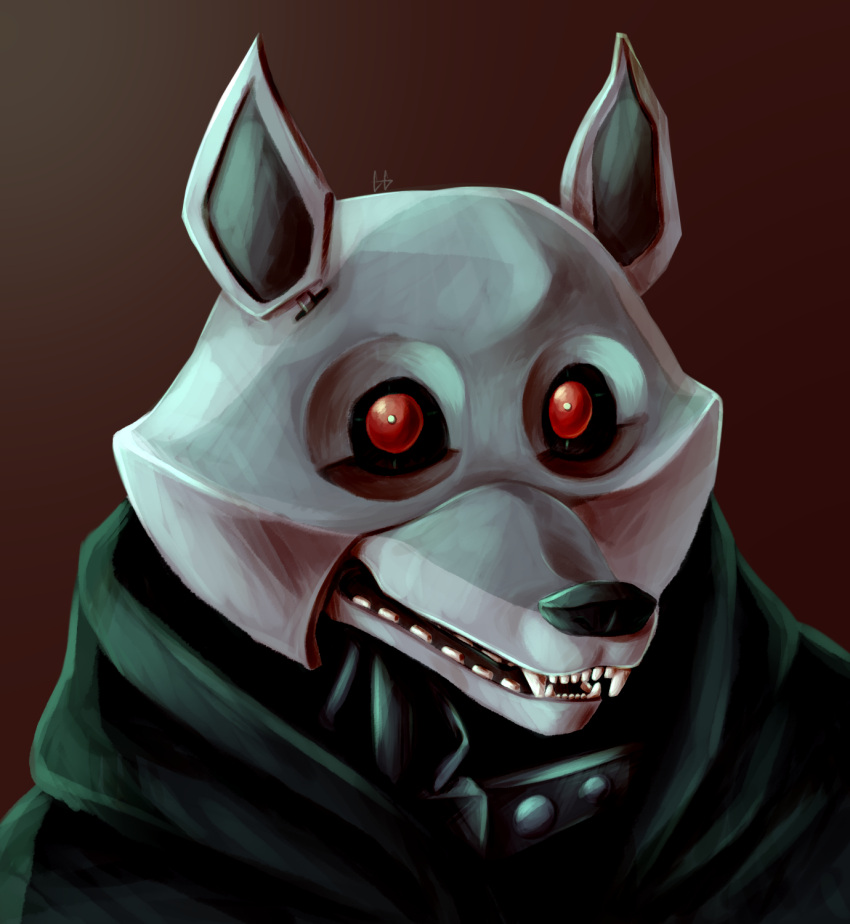 animatronic anthro canid canine canis cgamer cloak clothing creepy creepy_face death_(puss_in_boots) dreamworks fangs grey_body hi_res looking_at_viewer machine male mammal poncho portrait puss_in_boots_(dreamworks) red_eyes robot robot_anthro simple_background solo teeth wolf