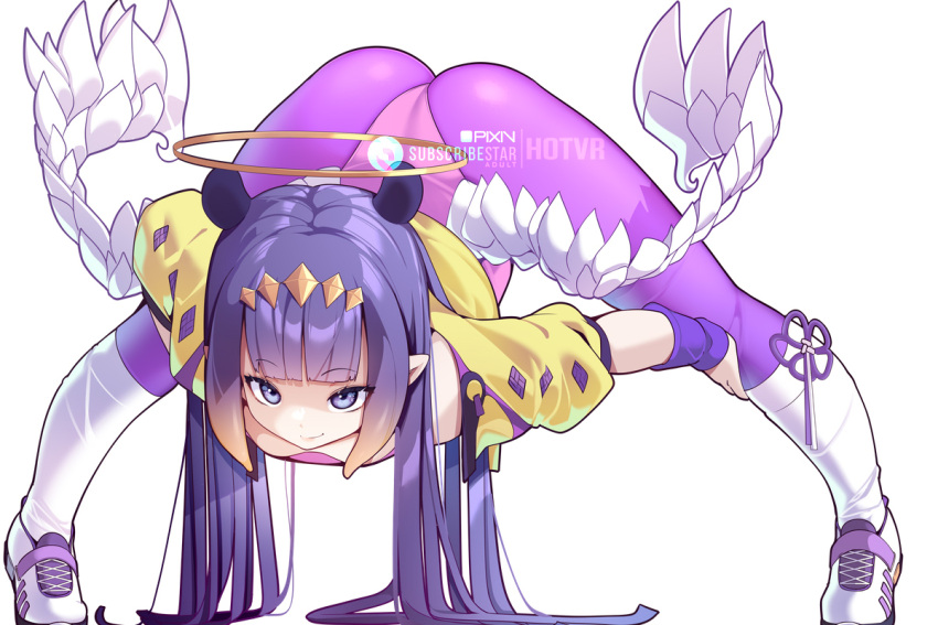 alternate_costume ass blue_eyes closed_mouth commentary english_commentary female halo hololive hololive_english hot_vr long_hair ninomae_ina'nis pants pixiv_username purple_hair purple_pants shoes simple_background smile solo subscribestar_username virtual_youtuber white_background white_footwear white_wings wings yellow_halo yoga_pants