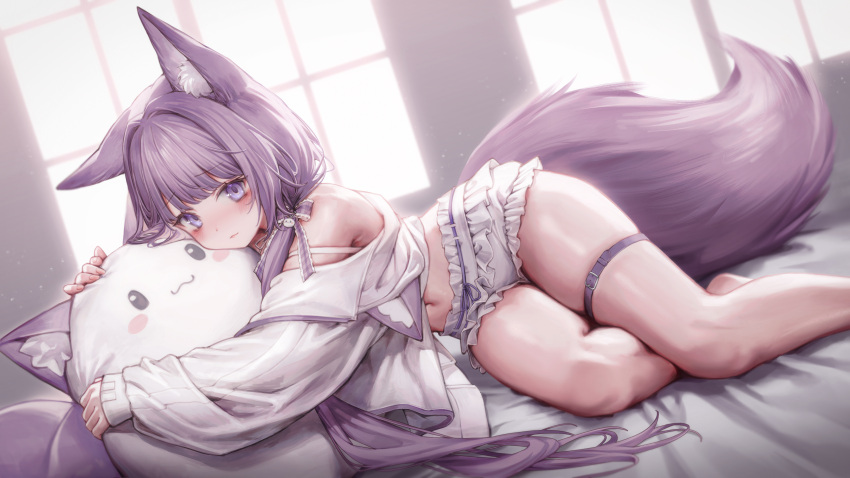 absurdres animal_ear_fluff animal_ears bare_legs bare_shoulders barefoot bed blush breasts cat_ears closed_mouth crop_top feet female fox_ears fox_girl fox_tail frills guild_cq highres hugging_object indoors jacket legs long_hair long_sleeves looking_at_viewer lying micro_shorts midriff millet_(milletneko) navel off_shoulder on_bed on_side pillow purple_eyes purple_hair quon_tama shirt short_shorts shorts skindentation solo stomach stuffed_animal stuffed_toy tail thigh_strap thighs twintails very_long_hair virtual_youtuber white_jacket white_shirt white_shorts