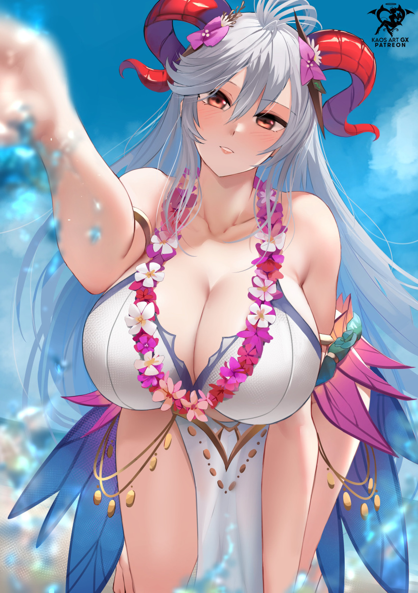 absurdres artist_logo artist_name bare_shoulders bikini bougainvillea_(flower) breasts cleavage curled_horns female fire_emblem fire_emblem_heroes flower flower_necklace freyja_(fire_emblem) freyja_(summer)_(fire_emblem) goat_horns hair_flower hair_ornament highres horns huge_breasts kaos_art long_hair looking_at_viewer multicolored_hair official_alternate_costume open_mouth patreon_username pelvic_curtain pink_flower red_eyes red_horns see-through smile splashing swimsuit white_bikini white_flower