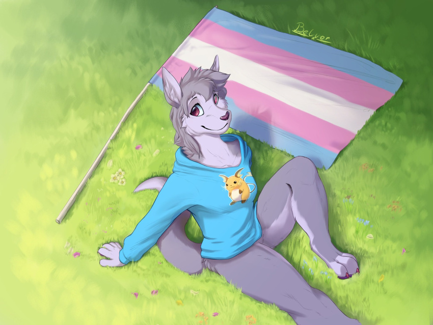 anthro belvor blue_clothing blue_sweater blue_topwear bottomless bottomless_female brown_eyes canid canine canis clothed clothing female hi_res hoodie lgbt_pride mammal meadow merchandise pride_colors raichu_(character) sitting sitting_on_ground solo sweater topwear trans_(lore) trans_woman_(lore) transgender_pride_colors wolf