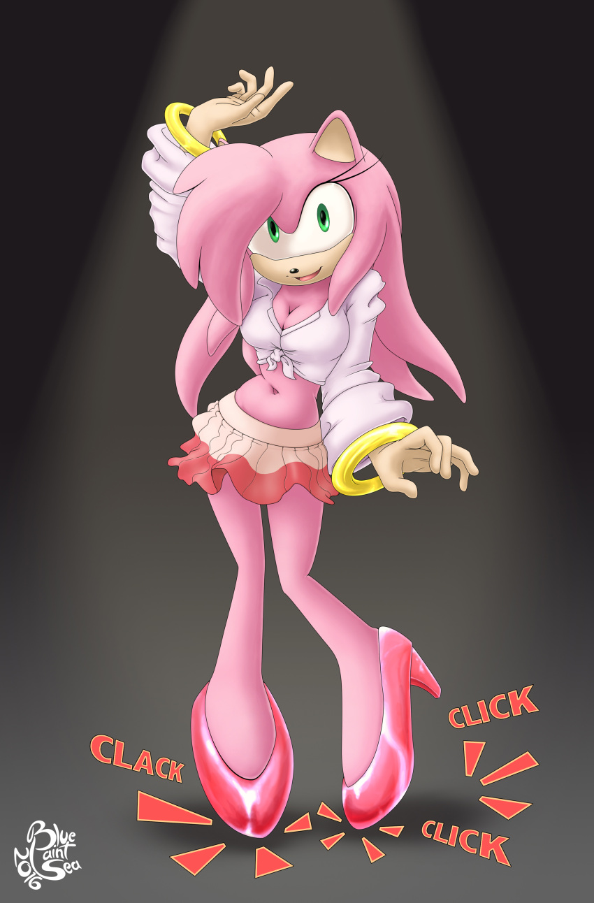 2016 absurd_res aged_up amy_rose anthro bare_legs bent_legs big_breasts biped black_background bottomwear bracelet breasts clothing contact_onomatopoeia dance_shoes dancewear dancing eulipotyphlan female footwear fur glistening glistening_clothing glistening_footwear glistening_shoes green_eyes hair hedgehog hi_res high_heels impact_lines impact_onomatopoeia jewelry long_hair looking_at_viewer mammal markings midriff navel on_stage onomatopoeia open_mouth open_smile pink_body pink_clothing pink_footwear pink_fur pink_hair pink_high_heels plantigrade raised_heel sega shoes signature simple_background skirt smile solo sonic_the_hedgehog_(series) sound_effects spotlight stage tan_body tan_fur tan_markings tan_muzzle tap_dancing tap_shoes tapping tapping_foot text