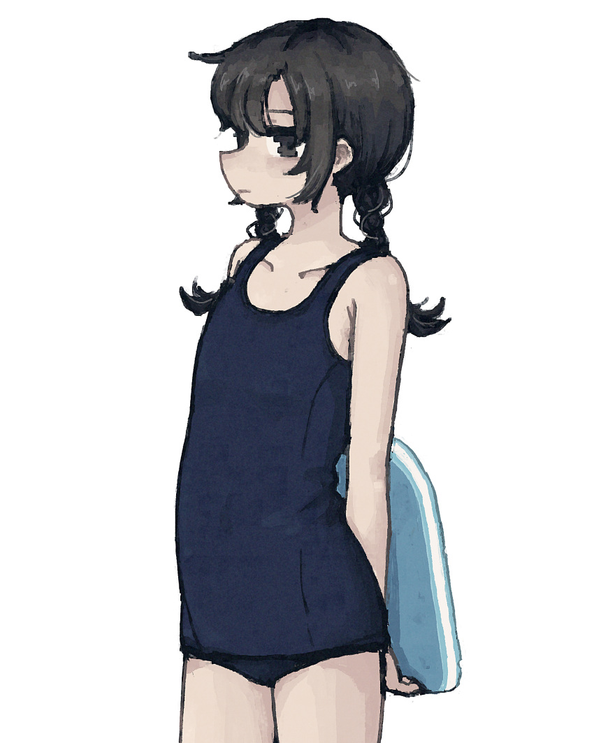 :| absurdres black_eyes black_hair blue_one-piece_swimsuit braid closed_mouth collarbone expressionless female from_side highres holding holding_behind_back holding_kickboard kickboard legs_together long_bangs long_hair looking_at_viewer low_twin_braids one-piece_swimsuit original profile school_swimsuit sidelocks sideways_glance solo swimsuit thighs twin_braids uniunimikan