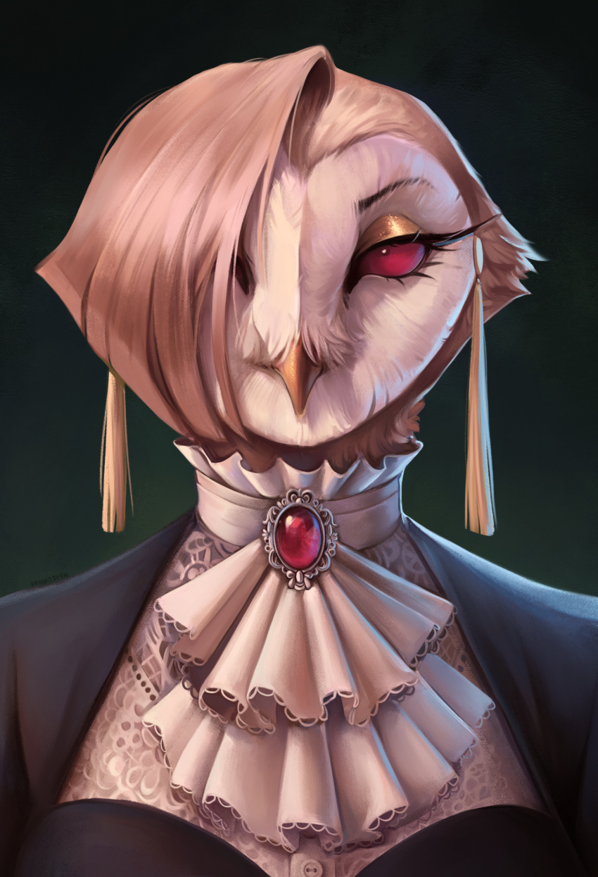 anthro avian barn_owl beak bird brooch brown_hair clothed clothing cravat dannoitanart eyeshadow female formal_wear front_view fully_clothed hair hair_over_eye headshot_portrait hi_res makeup mascara owl portrait red_eyes shirt solo topwear tyto tytonid vilhelmina