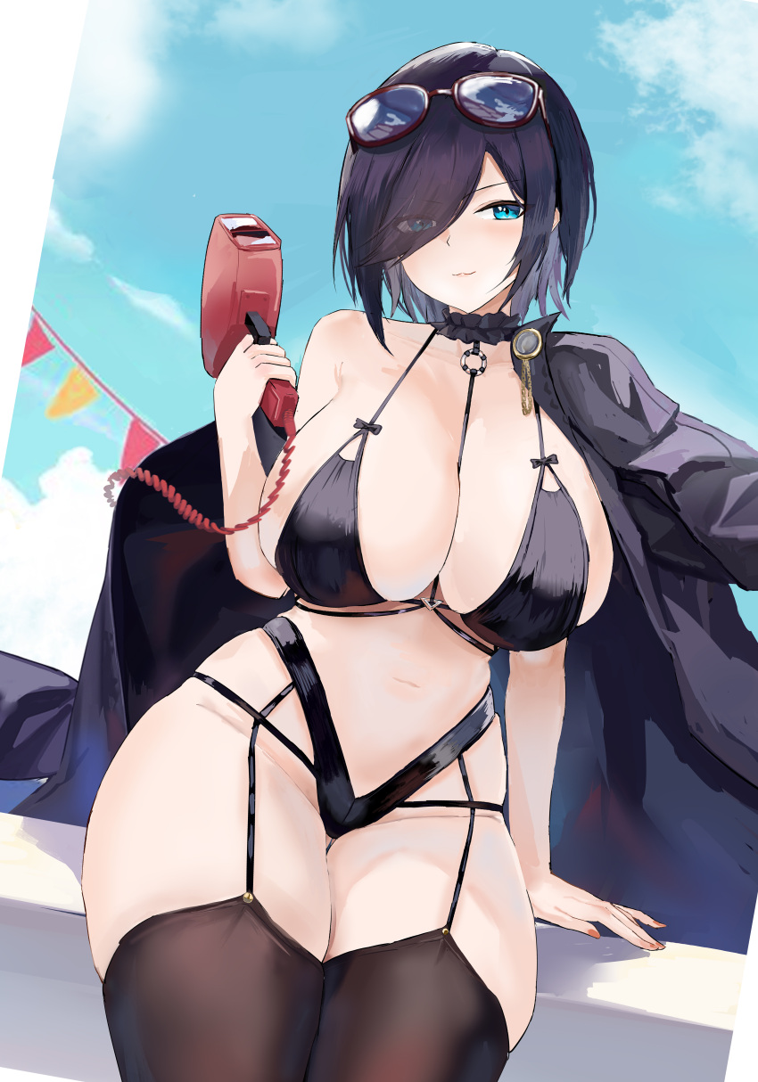 :3 absurdres ark_royal_(azur_lane) ark_royal_(order_amidst_amusement)_(azur_lane) azur_lane bikini black_bikini black_choker black_collar black_hair black_thighhighs blue_eyes blue_sky breasts choker cleavage closed_mouth cloud coat coat_on_shoulders collar collarbone commentary day eyes_visible_through_hair eyewear_on_head female hair_between_eyes hair_over_one_eye highres holding holding_scanner large_breasts looking_at_viewer navel shadow short_hair sidelocks single_bare_shoulder sitting skindentation sky smile solo stomach string_of_flags sunglasses suo_bu_ye_feng swimsuit thighhighs