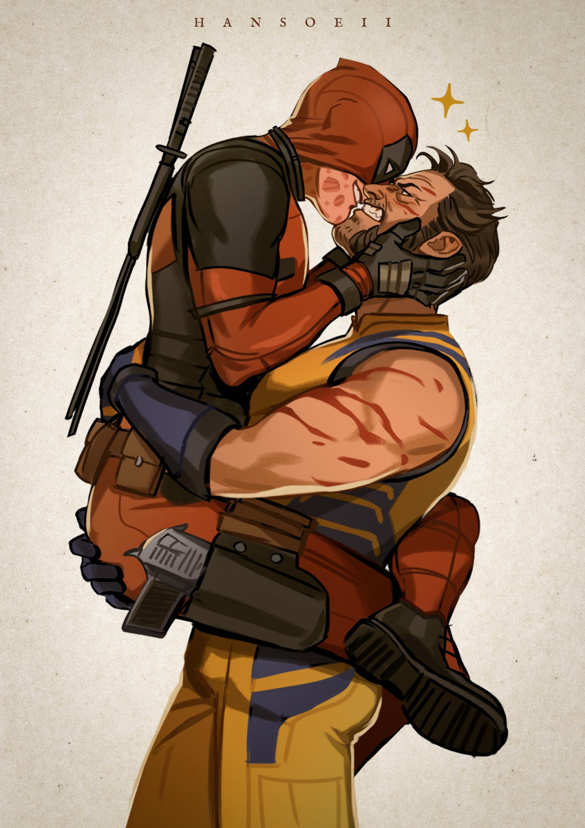 2boys artist_name beard belt blood blood_on_face bodysuit brown_hair carrying carrying_person clenched_teeth deadpool deadpool_&_wolverine deadpool_(series) english_commentary facial_hair frown gloves gun hand_on_another's_ass hands_on_another's_face hansoeii highres hug imminent_kiss katana leg_lock looking_at_another male_focus marvel marvel_cinematic_universe mask mask_lift mature_male multiple_boys muscular muscular_male red_bodysuit red_mask scar short_hair smile sparkle superhero_costume sword sword_on_back teeth two-tone_bodysuit weapon weapon_on_back wolverine_(x-men) x-men yaoi yellow_bodysuit