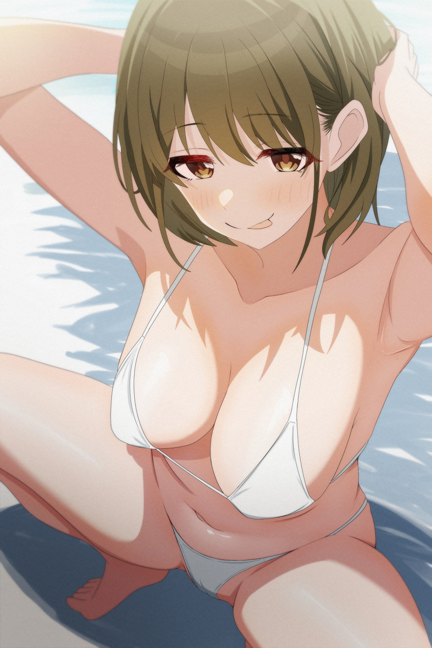 :p absurdres arms_up bare_legs bikini breasts brown_eyes brown_hair cleavage collarbone commentary_request female highres idolmaster idolmaster_shiny_colors large_breasts licking_lips musha_no_kozi nanakusa_nichika navel outdoors short_hair solo spread_legs squatting swimsuit tongue tongue_out white_bikini