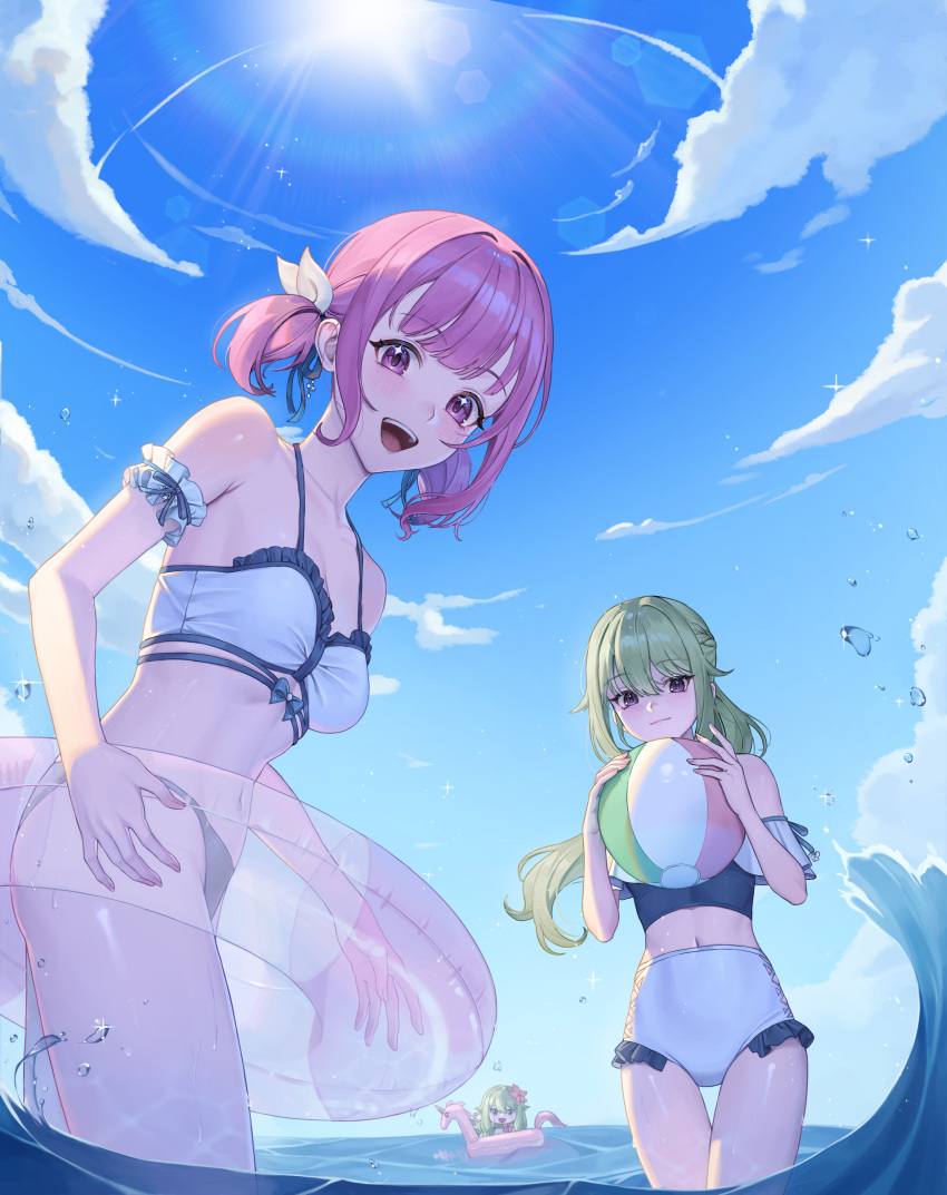 absurdres alternate_costume alternate_hairstyle ball bare_shoulders beach beachball bikini breasts cloud detached_sleeves green_hair highres holding innertube kusanagi_nene l000ading looking_at_viewer low_twintails medium_breasts navel off_shoulder ootori_emu pink_eyes pink_hair ponytail project_sekai purple_eyes sky sun swim_ring swimsuit twintails user_wffd5453