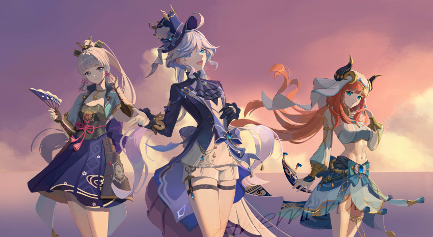 3girls absurdres akemi_ha aqua_jacket aqua_sleeves arm_support armor ascot belt black_gloves black_sleeves blue_ascot blue_eyes blue_gemstone blue_hair blue_jacket blue_ribbon blue_skirt blue_sleeves bow bracelet bracer breastplate cloud cowboy_shot crop_top evening fake_horns furina_(genshin_impact) gem genshin_impact gloves gold_choker gold_thighlet hair_ornament hair_tie hairband hairbow harem_outfit heterochromia highres horns jacket japanese_armor japanese_clothes jewelry kamisato_ayaka kamisato_clan_(emblem) light_blue_hair long_hair long_sleeves low_twintails midriff multiple_girls navel nilou_(genshin_impact) ocean open_mouth pink_bow ponytail red_hair ribbon shorts skirt standing thigh_strap thighlet twintails vision_(genshin_impact) white_gloves white_shorts white_sleeves white_undershirt wide_sleeves