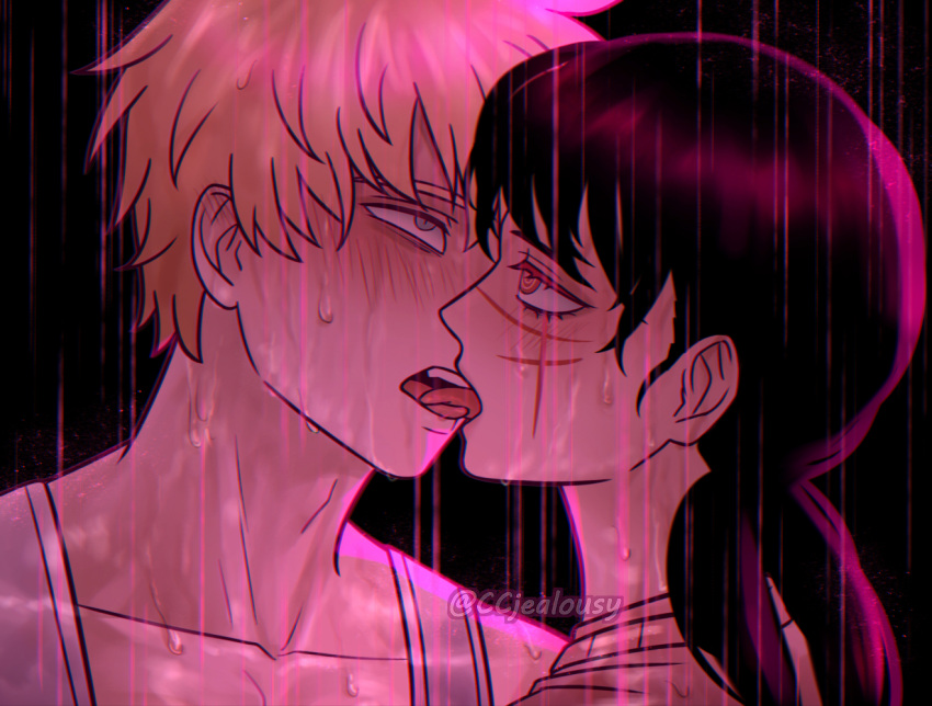 1boy black_hair blonde_hair chainsaw_man chainsaw_man's_handjob_scene collarbone commentary czy_(2894456992) denji_(chainsaw_man) female french_kiss grey_eyes kissing low_twintails orange_eyes rain straight tank_top tongue tongue_out twintails twitter_username watermark wet white_tank_top yoru_(chainsaw_man)