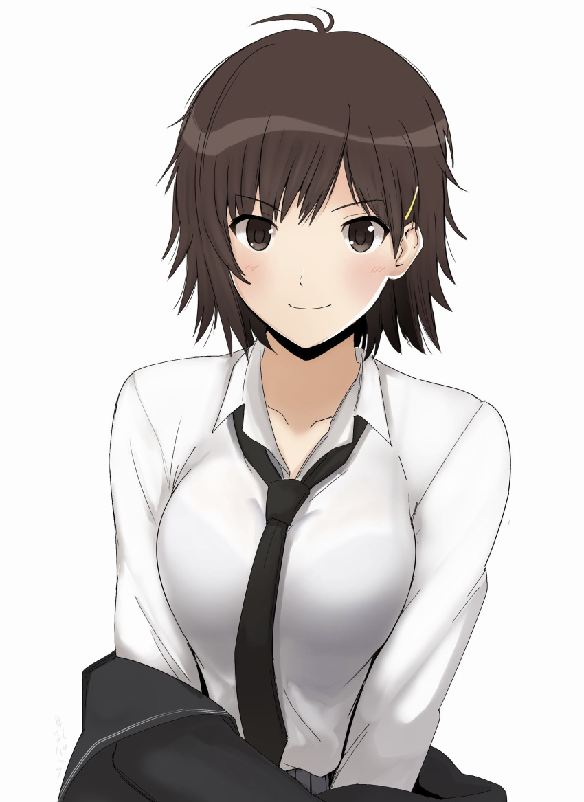 absurdres ahoge amagami black_necktie bra_visible_through_clothes breasts brown_eyes brown_hair closed_mouth collared_shirt female gyuunyuu_pack_(tanaka) highres itou_kanae_(amagami) kibito_high_school_uniform large_breasts long_sleeves looking_at_viewer necktie school_uniform shirt short_hair simple_background solo undressing upper_body white_background white_shirt