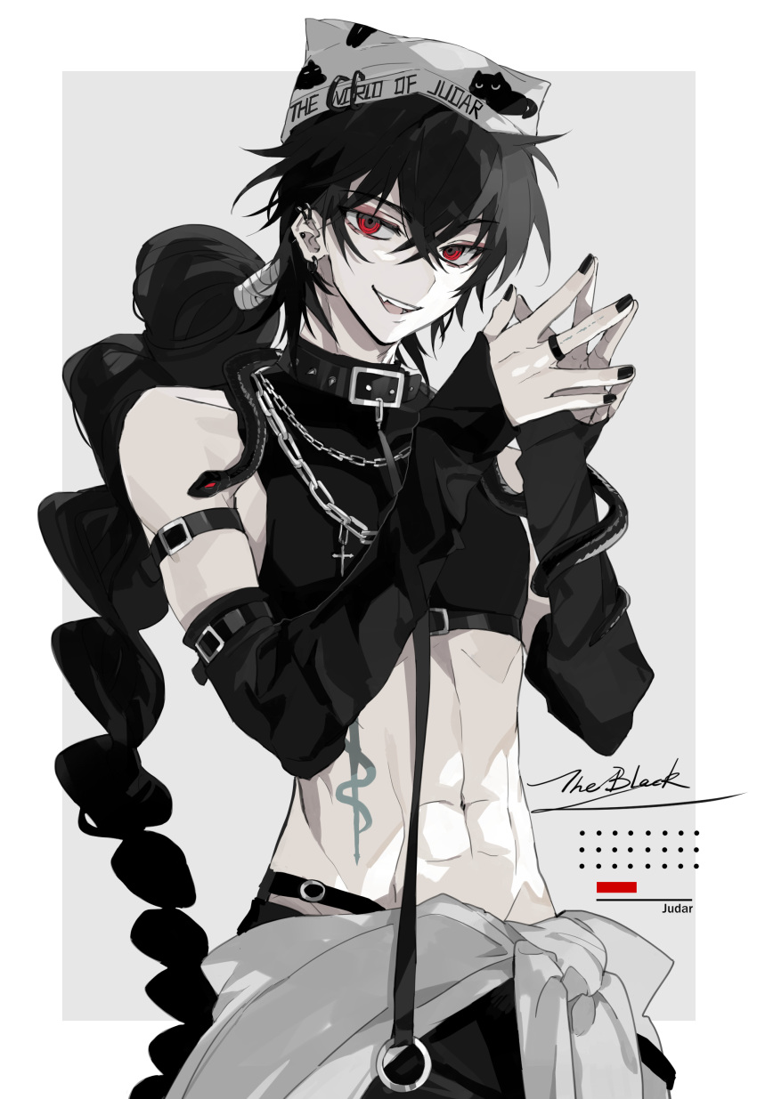 1boy abs absurdres belt_collar bishounen black_hair black_nails border braid chain_necklace chains clothes_around_waist collar crossed_bangs detached_sleeves ear_piercing grey_background hair_between_eyes hair_rings hat highres jewelry judal long_hair long_sleeves looking_at_viewer magi_the_labyrinth_of_magic male_focus meng_ziya midriff nail_polish navel necklace open_mouth own_hands_together pale_skin piercing red_eyes simple_background single_braid smile solo spot_color stomach_tattoo tattoo toned toned_male upper_body white_border