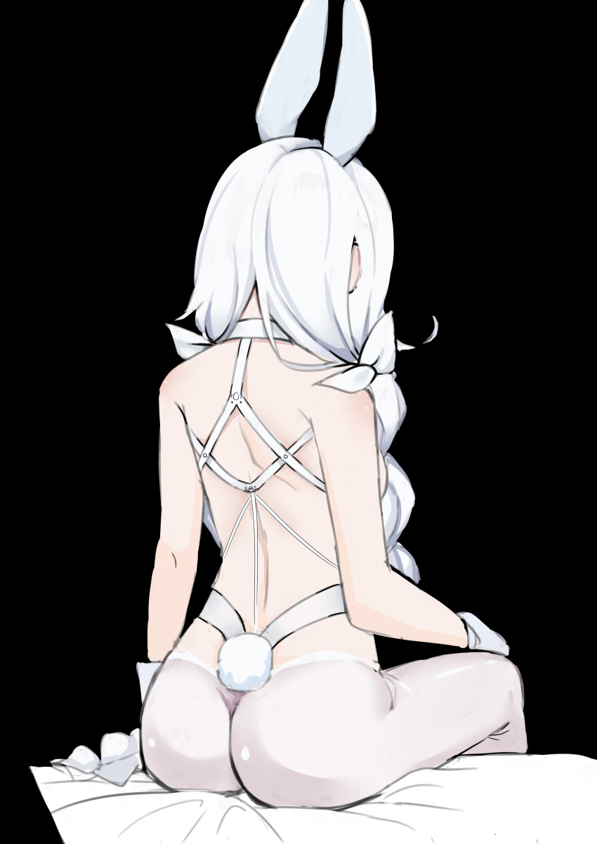 absurdres animal_ears ass azur_lane backless_leotard bare_shoulders braid butterfly_hair_ornament commentary_request female from_behind gloves hair_ornament hair_ribbon highres le_malin_(azur_lane) le_malin_(listless_lapin)_(azur_lane) leotard long_hair pantyhose rabbit_ears rabbit_tail ribbon sakura_(mtmr4354) sitting skin_tight solo tail twin_braids twintails very_long_hair white_gloves white_hair white_leotard white_pantyhose white_ribbon