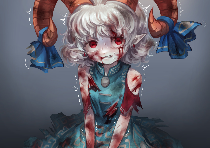 absurdres abuse blood blood_from_eyes blood_on_arm blood_on_clothes blood_on_face blue_bow blue_dress bow bruise bruise_on_face clenched_teeth commentary_request commission cowboy_shot crying crying_with_eyes_open cuts defeat detached_sleeves dress earrings female grey_background hairbow highres horizontal_pupils horns injury jewelry looking_at_viewer meandros medium_bangs orange_horns patterned_clothing pointy_ears red_eyes red_sleeves ryona sharp_teeth short_hair skeb_commission solo sweat tachibana_yae_(kanzaki_kura) tears teeth torn_clothes torn_dress torn_sleeves touhou toutetsu_yuuma trembling white_hair