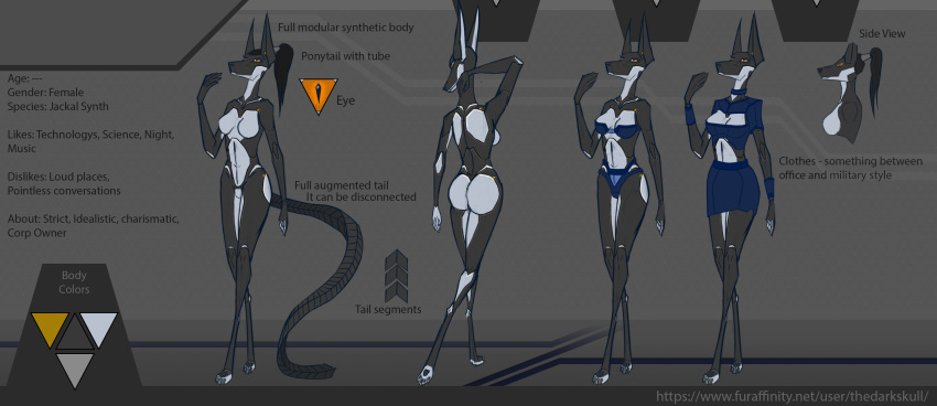 android anthro ass black_hair bottomwear bra bra_peek breasts canid canine canis clothed clothing cybernetic_arm cybernetic_eye cybernetic_leg cybernetic_limb cybernetics cyborg digital_media_(artwork) female fur hair hi_res jackal long_ears long_hair long_legs long_neck machine mammal miniskirt model_sheet monochrome monochrome_body multicolored_body multicolored_fur nude office_clothing orange_eyes partially_clothed rear_view reference_image references robot segmented_tail sfw side_view simple_background skirt slim solo synth_(disambiguation) tail text the_dark_skull three-quarter_view two_tone_body two_tone_fur underwear underwear_down underwear_only