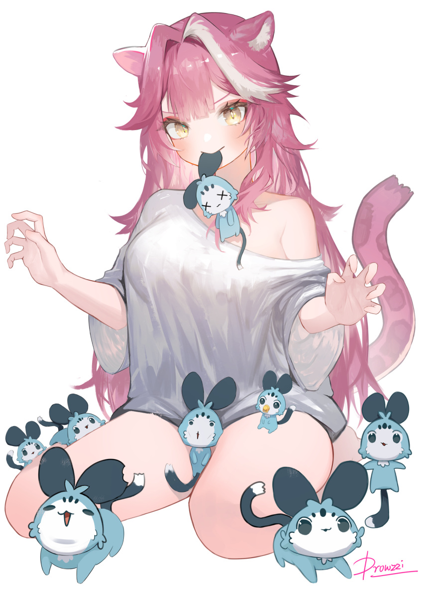 :3 absurdres animal_ear_fluff animal_ears barefoot between_thighs blush breasts chattino_(raora_panthera) claw_pose closed_mouth commentary drowzzi eyeshadow female hair_intakes highres hololive hololive_english large_breasts long_hair looking_at_viewer makeup mouth_hold multicolored_hair off-shoulder_shirt off_shoulder pacifier panther_ears panther_girl panther_tail photoshop_(medium) pink_eyeshadow pink_hair pink_nails raora_panthera revision see-through_silhouette shirt signature simple_background smile streaked_hair tail thighs two-tone_hair virtual_youtuber white_background white_hair white_shirt x_x yellow_eyes