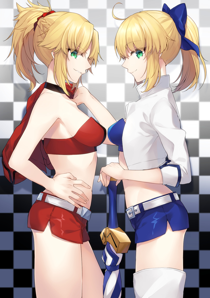 2girls ahoge blonde_hair bow breasts checkered checkered_background citron_82 closed_umbrella excalibur eyebrows_visible_through_hair fate/apocrypha fate/grand_order fate/stay_night fate_(series) green_eyes hairbow highres long_hair looking_at_viewer multiple_girls ponytail profile race_queen saber saber_of_red short_shorts shorts smile umbrella