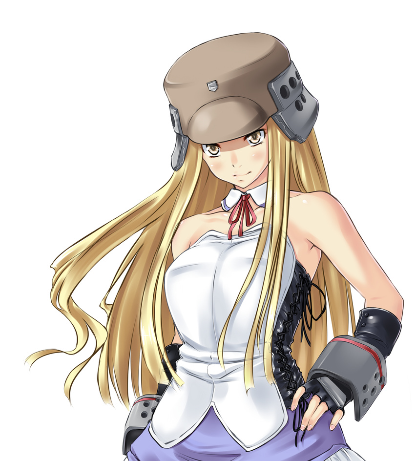 bare_shoulders blonde_hair commentary_request cosplay female fingerless_gloves genshiken gloves hands_on_own_hips helmet highres kasukabe_saki long_hair ritsuko_kubel_kettenkrad ritsuko_kubel_kettenkrad_(cosplay) shirota_mizuki solo yellow_eyes