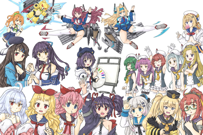 6+girls :d :q ahoge anchor anchor_ornament animal_ears arms_up artillery aulick_(azur_lane) azur_lane bache_(azur_lane) bare_shoulders beret black_choker black_headwear black_necktie black_pantyhose black_sailor_collar black_thighhighs blonde_hair blowing_bubbles blue_eyes blue_headwear blue_jacket blue_sailor_collar blue_skirt bow bowtie braid breasts brown_hair bush_(azur_lane) candy cannon canvas_(object) charles_ausburne_(azur_lane) chewing_gum choker cleavage collar collarbone crop_top crossed_arms detached_sleeves donyagongin fake_animal_ears fletcher_(azur_lane) food foote_(azur_lane) fur-trimmed_jacket fur_trim glasses gloves green-framed_eyewear green_bow green_hair grey_hair groin hair_ornament hair_ribbon hairbow halsey_powell_(azur_lane) hat hazelwood_(azur_lane) headgear heart heart-shaped_pupils heterochromia highres holding holding_candy holding_food holding_lollipop holding_paintbrush holding_pen jacket jenkins_(azur_lane) kimberly_(azur_lane) layered_skirt lollipop long_hair long_sleeves looking_at_viewer low_ponytail medium_breasts midriff miniskirt morrison_(azur_lane) mullany_(azur_lane) multiple_girls neckerchief necktie nicholas_(azur_lane) non-humanoid_robot o-ring o-ring_choker off-shoulder_shirt off_shoulder open_clothes open_jacket open_mouth orange_eyes orange_hair paint paintbrush panties pantyhose pantyshot pen purple_eyes purple_headwear purple_sailor_collar radford_(azur_lane) red_bow red_bowtie red_eyes red_hair red_neckerchief red_necktie red_ribbon ribbon rigging robot robot_animal sailor_collar sailor_hat semi-rimless_eyewear shirt short_hair simple_background single_thighhigh skirt small_breasts smalley_(azur_lane) smile spence_(azur_lane) stanly_(azur_lane) stephen_potter_(azur_lane) stomach symbol-shaped_pupils tan tanlines thatcher_(azur_lane) thighhighs tongue tongue_out torpedo torpedo_launcher torpedo_tubes turret twintails underwear v very_long_hair white_background white_gloves white_headwear white_jacket white_panties white_pantyhose white_shirt white_skirt white_thighhighs x_hair_ornament yellow_eyes yellow_jacket yellow_neckerchief