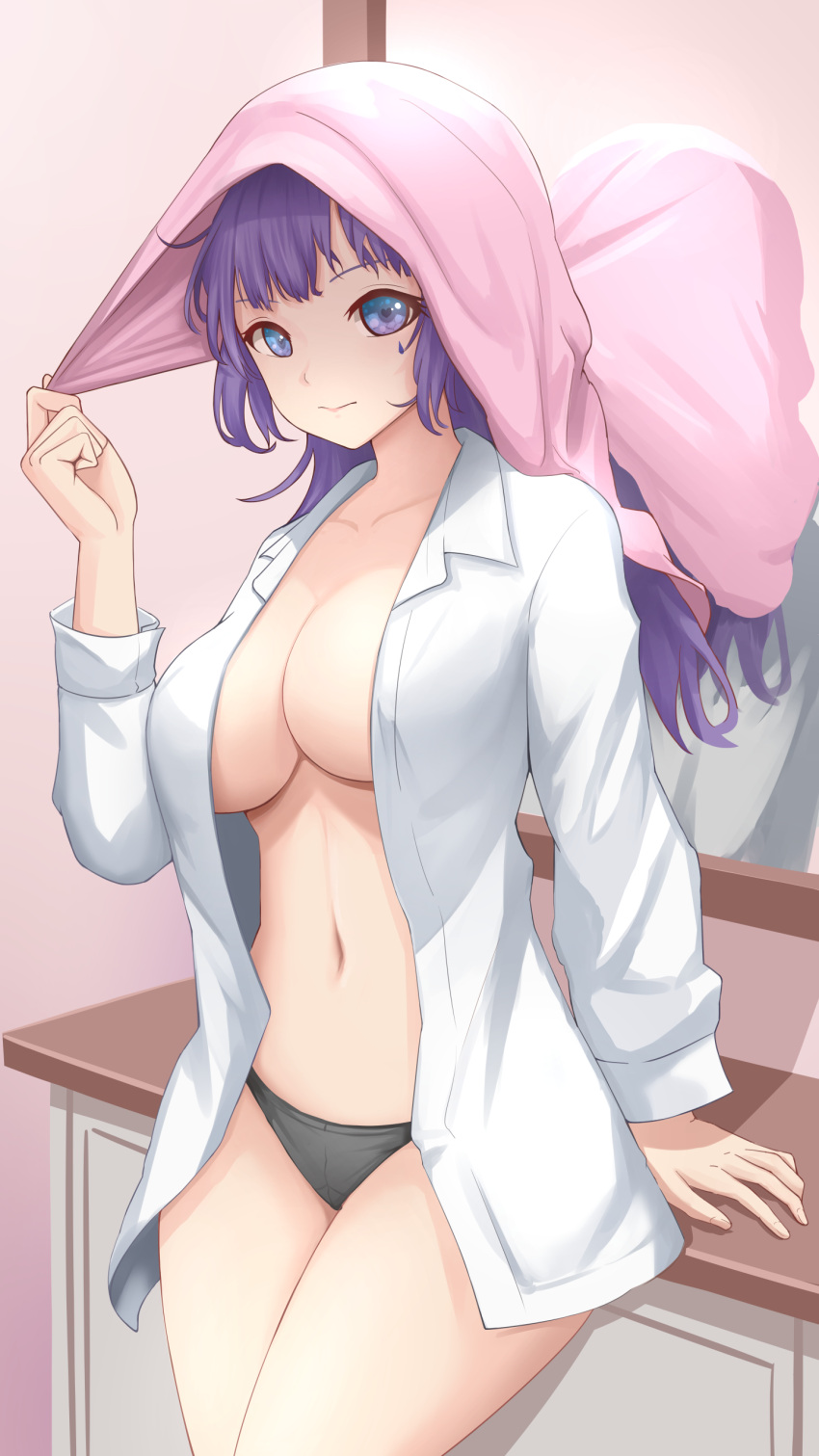 :> absurdres arkv arm_behind_back black_panties breasts chinese_commentary cleavage closed_mouth collarbone collared_shirt cowboy_shot creampuff defaultkavy female forehead hand_up heart heart-shaped_pupils highres indoors light_smile long_hair long_sleeves looking_at_viewer mirror navel open_clothes open_shirt panties purple_eyes purple_hair shadow shirt solo symbol-shaped_pupils thighs towel towel_on_head underwear white_shirt