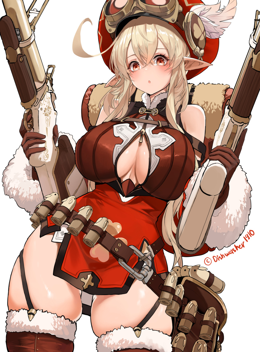 40mm_grenade aged_up ahoge alternate_breast_size backpack bag bare_shoulders breasts brown_dress brown_gloves cleavage cleavage_cutout clothing_cutout clover_print commentary cowboy_shot crossed_bangs dishwasher1910 dress dual_wielding english_commentary eyelashes female fur-trimmed_legwear fur-trimmed_sleeves fur_trim garter_straps genshin_impact gloves goggles goggles_on_headwear grenade_launcher gun hair_between_eyes hands_up hat hat_feather highres holding holding_gun holding_weapon klee_(genshin_impact) large_breasts long_hair long_sleeves looking_at_viewer parted_lips pointy_ears red_eyes red_hat sidelocks simple_background skindentation solo teeth thick_thighs thighhighs thighs twitter_username upper_teeth_only weapon yellow_eyes