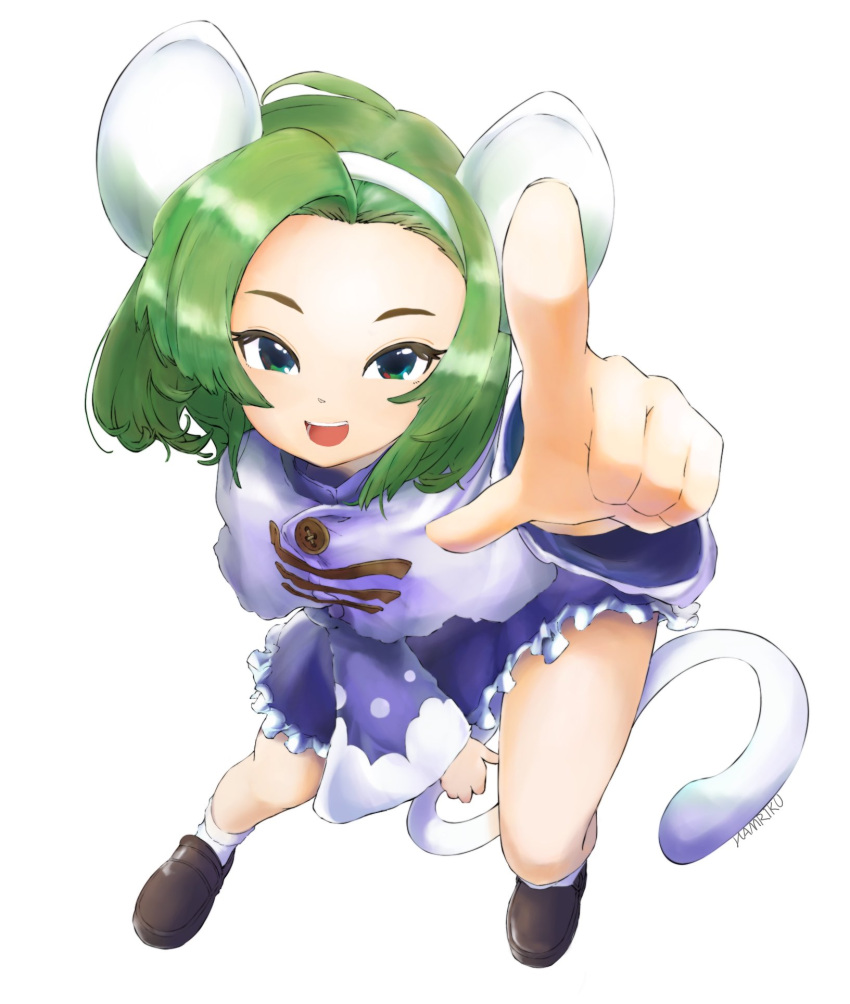 animal_ears brave_fencer_musashiden capelet dress female foreshortening full_body green_eyes green_hair hairband hamriku highres looking_at_viewer mouse_ears mouse_girl mouse_tail open_mouth purple_capelet short_hair simple_background smile solo tail topo_(musashiden) white_background