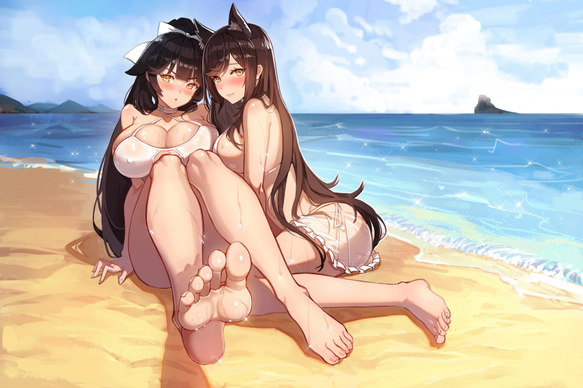 2girls absurdres animal_ears atago_(azur_lane) atago_(summer_march)_(azur_lane) azur_lane bare_shoulders barefoot beach bikini black_hair blue_sky blunt_bangs blush bow breasts brown_hair casual_one-piece_swimsuit cha_hou cleavage closed_mouth cloud commentary_request criss-cross_halter day extra_ears feet frilled_skirt frills hair_flaps hair_ribbon hairbow halterneck highres large_breasts long_hair looking_at_viewer multiple_girls nail_polish official_alternate_costume one-piece_swimsuit open_mouth outdoors photoshop_(medium) ponytail revision ribbon sand see-through shore side-tie_bikini_bottom sideboob sitting skirt sky soles swept_bangs swimsuit takao_(azur_lane) takao_(beach_rhapsody)_(azur_lane) toenail_polish toenails toes water waves wet white_bow white_one-piece_swimsuit white_ribbon yellow_eyes