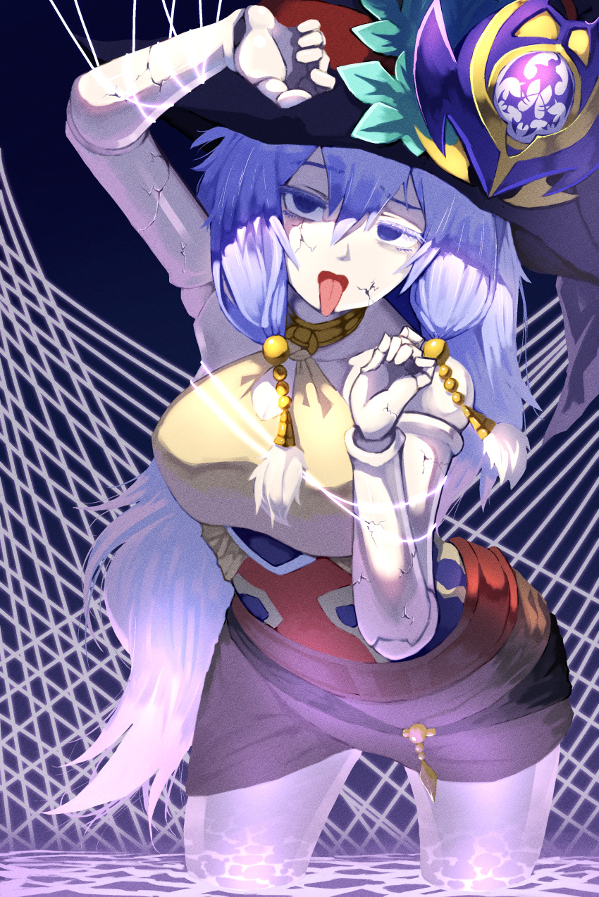 absurdres ariel_(yu-gi-oh!) ariel_priestess_of_the_nekroz arm_up bad_id bad_pixiv_id bare_shoulders belt blue_eyes blue_hair breasts collar commentary cracked_skin doll_joints duel_monster female hair_between_eyes hand_up hat highres joints large_breasts long_hair metal_collar monsterification open_mouth rari_(badominton) skirt solo tongue tongue_out witch_hat yu-gi-oh!