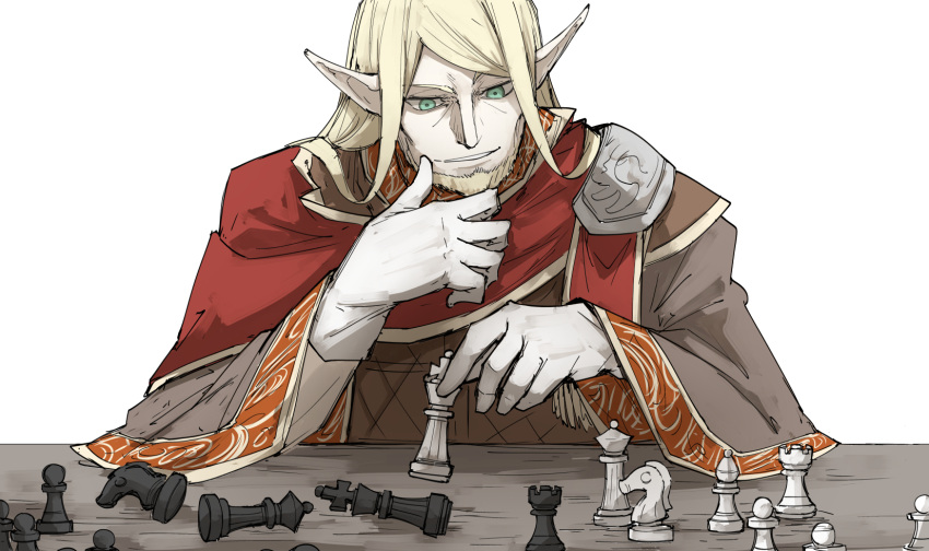 1boy beard blonde_hair cape chess_piece facial_hair fate/grand_order fate_(series) gloves green_eyes hand_on_own_chin highres kankan33333 male_focus pointy_ears spriggan_(fate) stroking_own_chin table white_background white_gloves