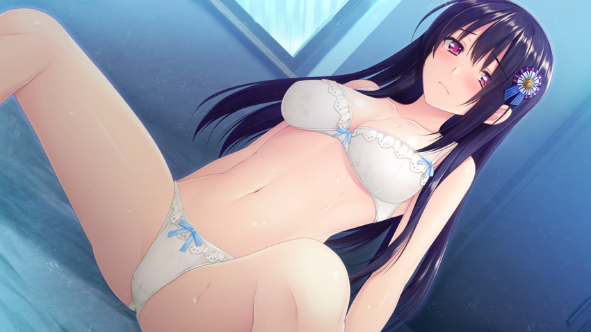 alpha_(yukai_na_nakamatachi) black_hair blue_ribbon blush boku_no_hitori_sensou bra breasts cameltoe cleavage closed_mouth collarbone crown female game_cg hair_ribbon indoors inuzuka_rumi leaning_back long_hair medium_breasts navel panties plaid plaid_ribbon red_eyes ribbon ribbon_bra shiny_skin sitting solo spread_legs straight_hair striped striped_ribbon sweatdrop underwear underwear_only very_long_hair white_bra white_panties